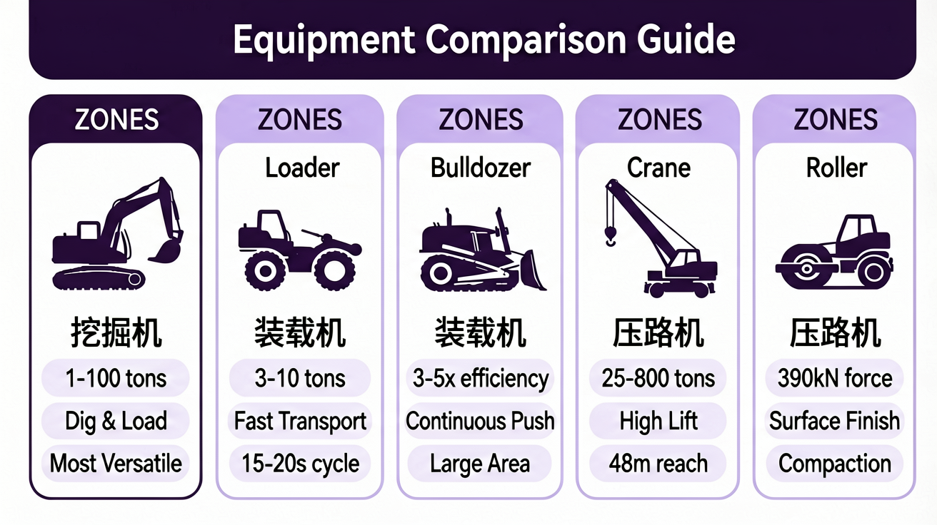 Comparison overview of five types of construction equipment